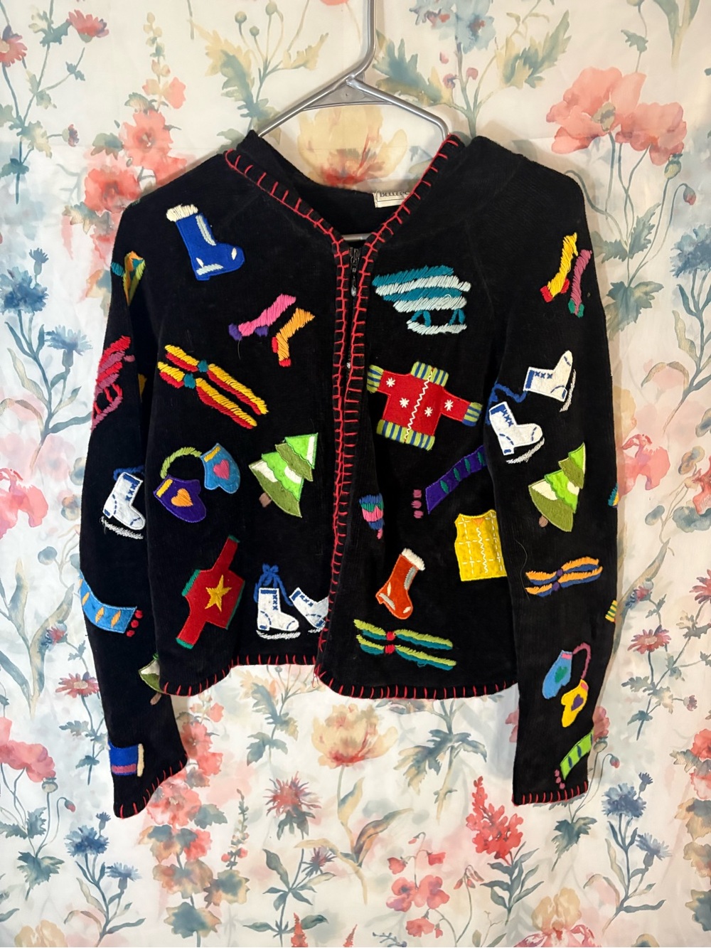Vintage Black Embroidered Holiday Jacket - Colorful Appliqué